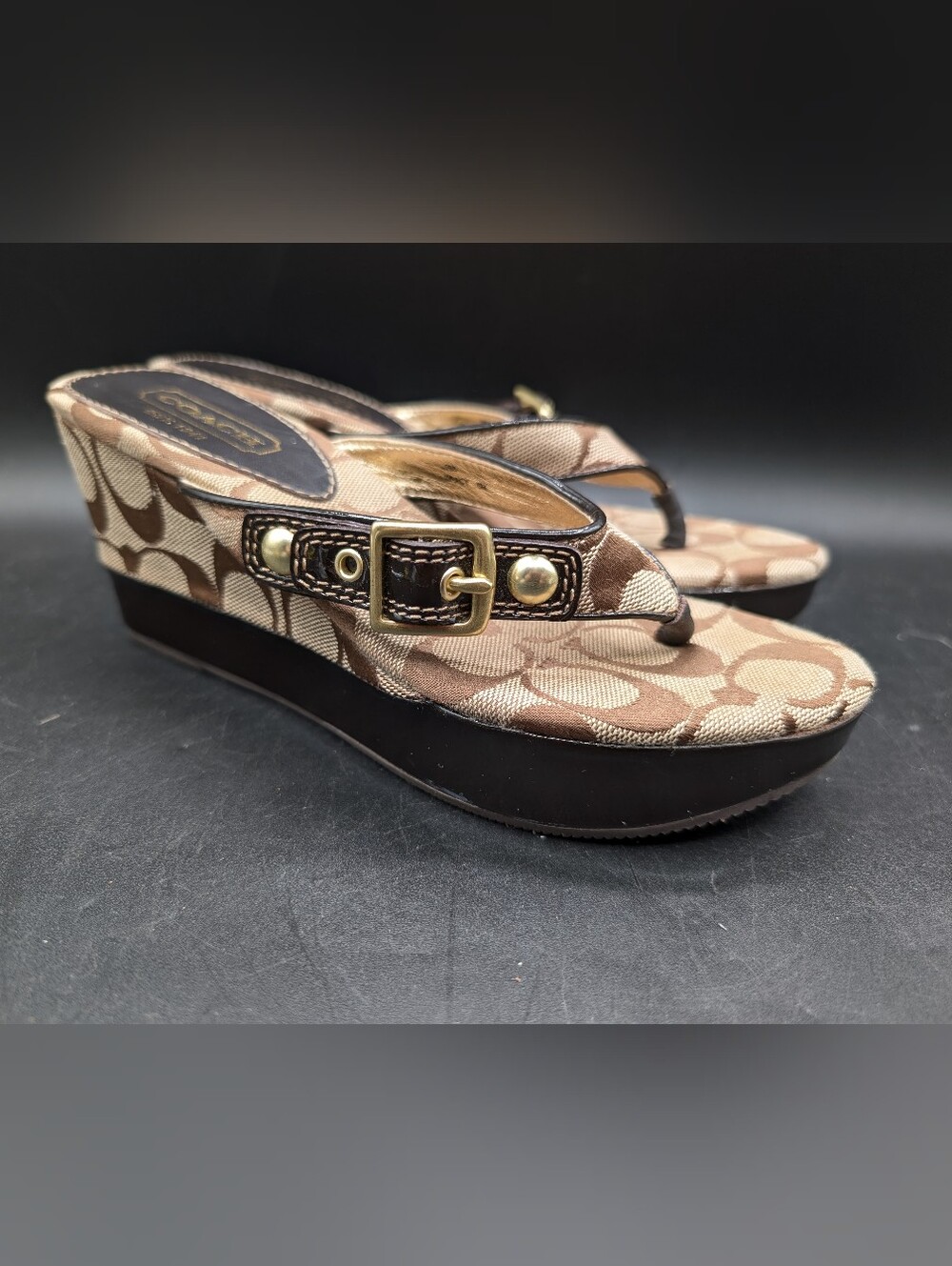 Vintage Coach Gracy Platform Wedge Canvas Brown Patent Leather Sandal US 5